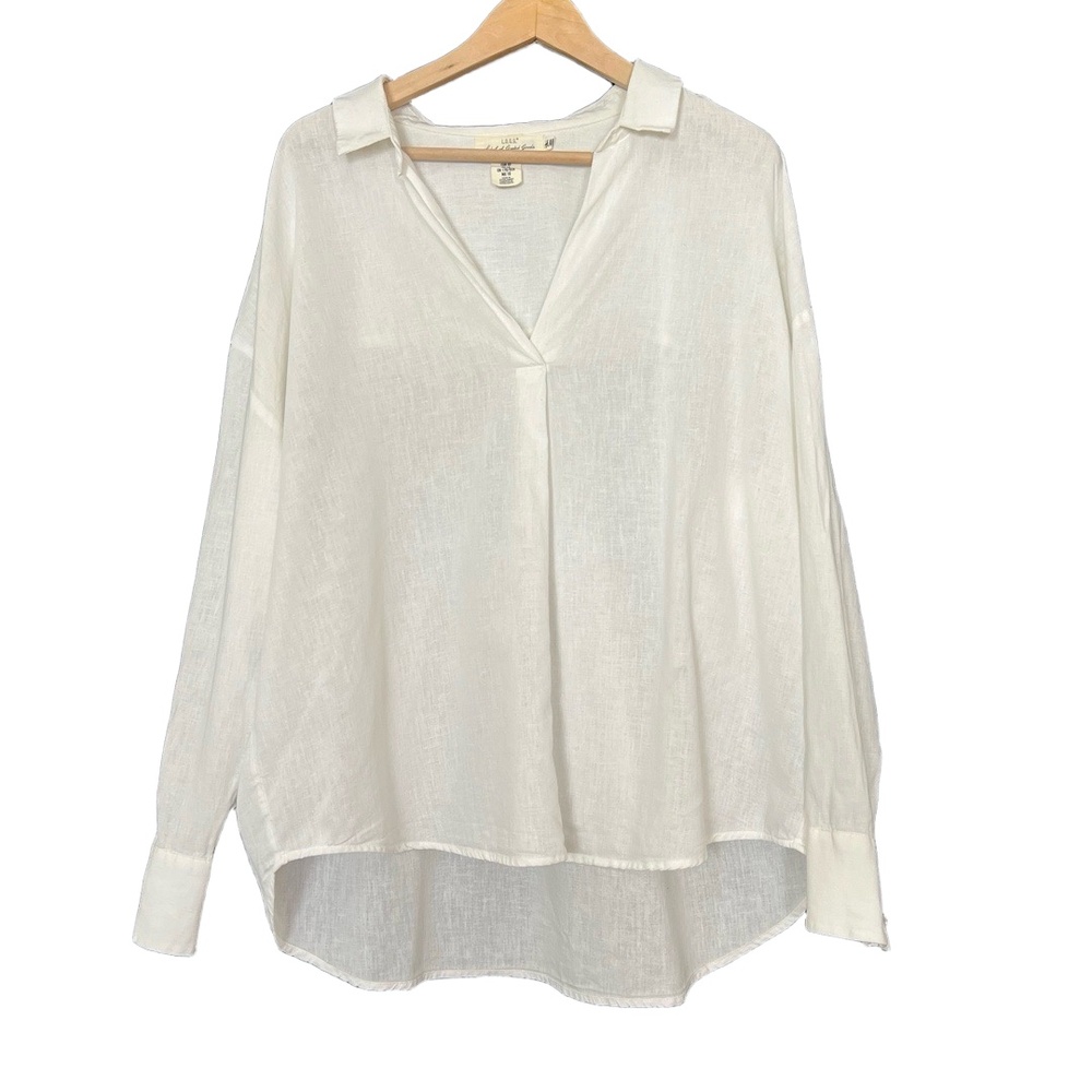 H&M Womens Shirt Size 10 White Linen‎ Blend V-Neck Classic Coastal Resort